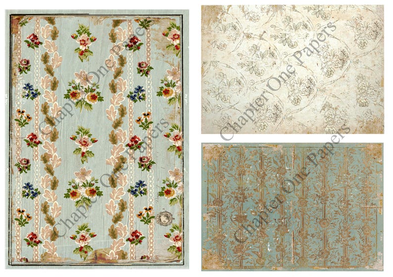 May include: A digital collage sheet with four different vintage floral patterns. The patterns are in shades of blue, brown, and white. The patterns are all on a distressed background. The text "Chapter One Papers" is visible in the image.