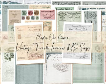 Puede incluir: Un collage de facturas y papeles franceses antiguos en varios colores y estilos. Los papeles son todos en tamaño carta de EE. UU. y presentan texto escrito a mano, bordes decorativos y logotipos de empresas. El texto incluye "Chapter One Papers", "Vintage French Invoices US Size", "Comptoir Général" y "Smile Saich".