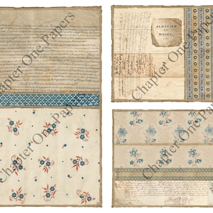 May include: A vintage collage of paper textures with a blue and white floral pattern, a blue and white geometric pattern, and a page with handwritten text and the title "ALMANACH DES MUSES, 1784".