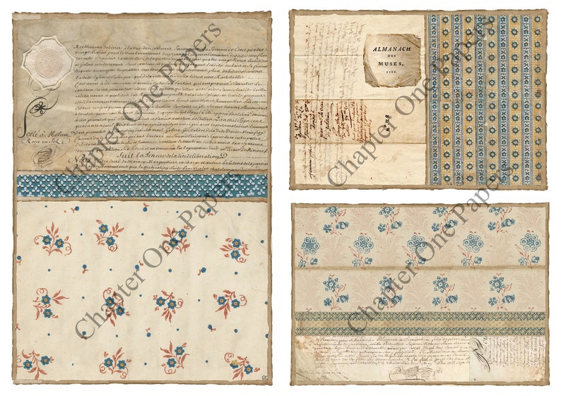 May include: A vintage collage of paper textures with a blue and white floral pattern, a blue and white geometric pattern, and a page with handwritten text and the title "ALMANACH DES MUSES, 1784".