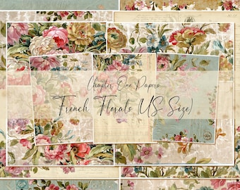 May include: A collage of digital papers featuring vintage floral patterns in shades of pink, blue, and green. The papers are labeled "Chapter One Papers French Florals US Size".