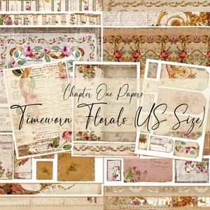 Pode incluir: Uma coleção de folhas de papel em estilo vintage com desenhos florais e de escrita. Os papéis apresentam uma variedade de tamanhos e formas, com uma paleta de cores bege, creme e rosa suaves. O texto "Chapter One Papers Timeworn Florals (US Size)" é visível.