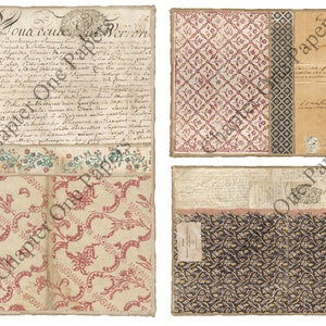 May include: A collage of four vintage papers with different patterns. The top left paper has handwritten text in French. The top right paper has a repeating geometric pattern in red and white. The bottom left paper has a floral pattern in red and white. The bottom right paper has a floral pattern in black, white, and gold.