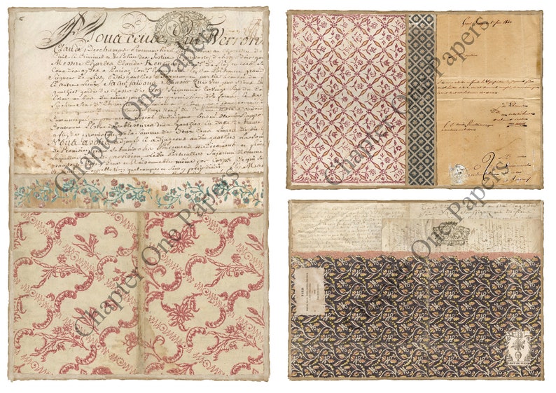 May include: A collage of four vintage papers with different patterns. The top left paper has handwritten text in French. The top right paper has a repeating geometric pattern in red and white. The bottom left paper has a floral pattern in red and white. The bottom right paper has a floral pattern in black, white, and gold.