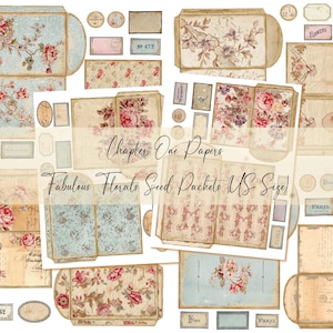 Op de afbeelding: Een verzameling vintage papieren ephemera met bloemmotieven. De set bevat enveloppen, labels en zaadzakjes in verschillende maten. De papieren tonen rozen en andere bloemen in roze, rode en blauwe tinten, met de tekst "Chapter One Papers" en "Fabulous Florals Seed Packets US Size".