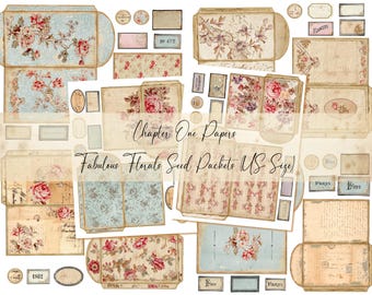 May include: A collection of vintage-style paper ephemera with floral designs. The set includes envelopes, tags, and seed packets in various sizes. The papers feature roses and other flowers in shades of pink, red, and blue, with text that reads "Chapter One Papers" and "Fabulous Florals Seed Packets US Size".