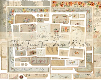 May include: A digital collage sheet with floral patterns and designs in shades of pink, green, and brown. The sheet includes various shapes and sizes of frames, borders, and decorative elements. The text "Chapter One Papers Floral Fancies Two Ephemera US Letter" is printed on the sheet.