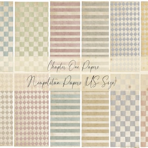 May include: A collection of patterned paper sheets in various designs, including checkered, striped, and diamond patterns. The papers feature soft pastel colors like blue, green, pink, and yellow, with a vintage, aged appearance. Text reads "Chapter One Papers Neapolitan Papers (US Size)".