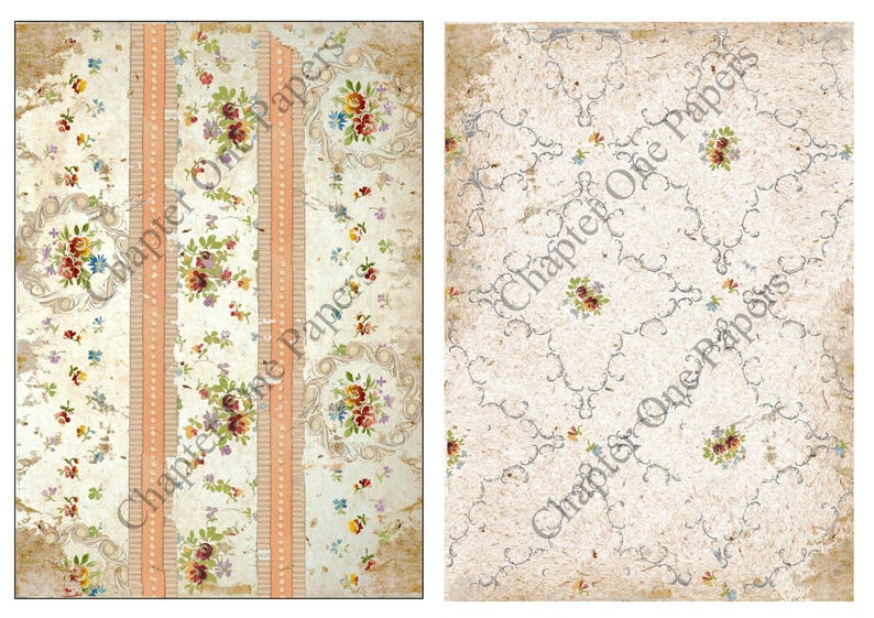 May include: Two digital paper designs featuring a vintage floral pattern on a cream background. The first design has three vertical stripes of peach with white polka dots. The second design has a repeating pattern of delicate blue swirls with small floral accents. Both designs include the text "Chapter One Papers".