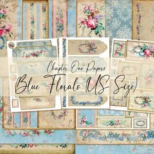 Puede incluir: Una hoja de collage digital con patrones florales azules y rosas, con un título que dice "Chapter One Papers Blue Florals (US Size)".