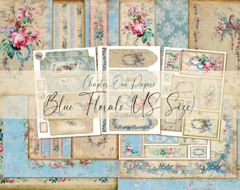 May include: A digital collage sheet featuring blue and pink floral patterns, with a title that reads "Chapter One Papers Blue Florals (US Size)".