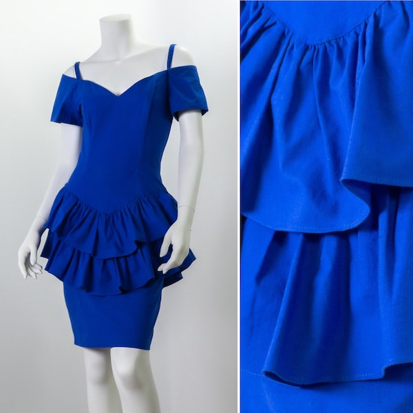 Vintage 1980s Dress, Blue Off-Shoulder Sheath with Double Ruffled Peplum, Royal Cobalt Drop Basque Waist Pencil Skirt w Sweetheart Neckline