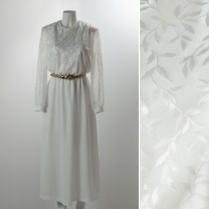 Vintage 1970s Dress, White Boho Gown with Sheer Long Sleeves, Leaf and Vine Embroidery, Column Skirt and Shoulder Pads, Vintage Wedding Gown