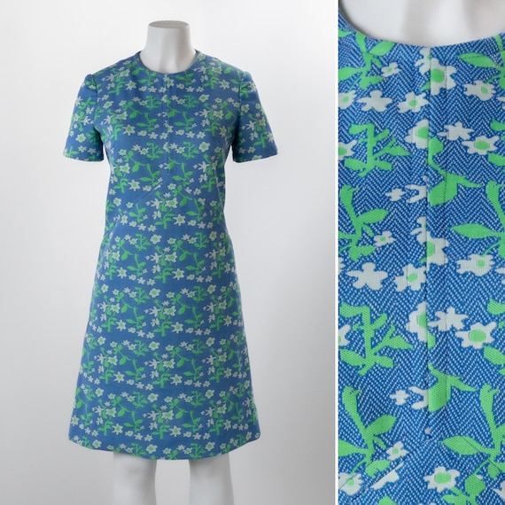 Vintage 1960s Mod Sundress, Blue Daisy Print Shif… - image 1