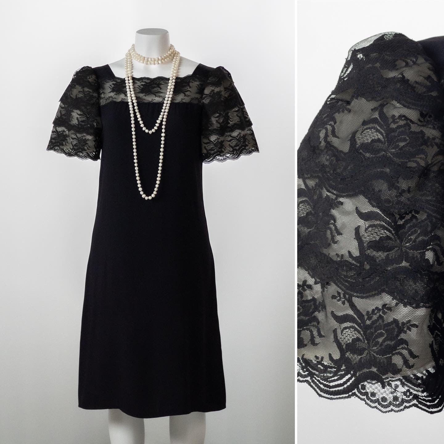 Vintage 1960s Dress, Black Shift with Short Puffed Lace Sleeves, LBD Baby Doll Cocktail Dress with Lace Boat Neck, Mod Little Black Dress