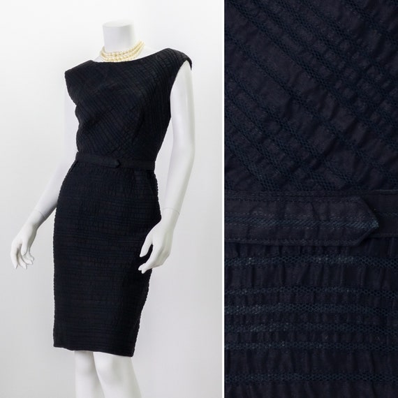 Vintage 1950s Pin Up Dress, Black Boat Neck Wiggl… - image 1