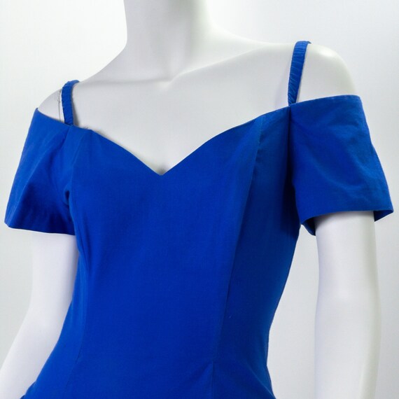 Vintage 1980s Dress, Blue Off-Shoulder Sheath wit… - image 5