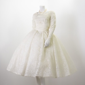 Vintage 1950s Wedding Dress, Lace Princess Cut Tea Length Wedding Gown, Scalloped Boat Neck, Full Bouffant Lace Tulle Skirt, Pearl, Sequins