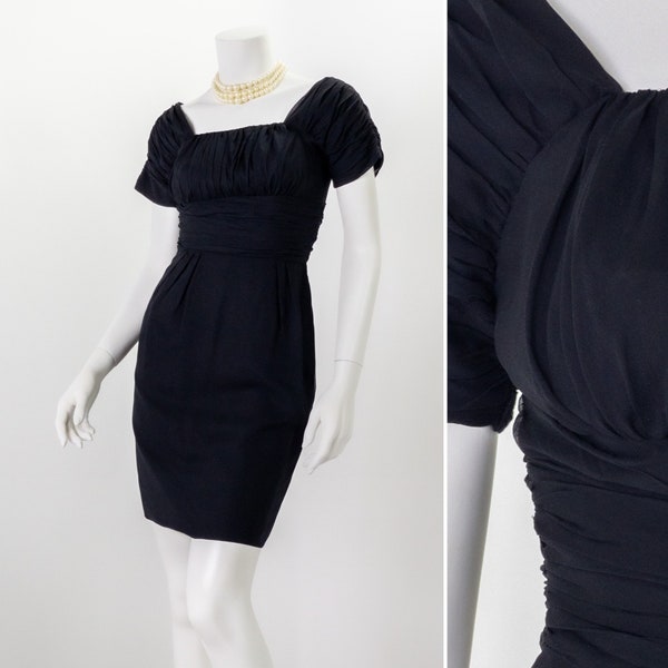 Vintage 1950s Pin Up Dress, Black Silk Chiffon Cocktail Dress with Ruched Bodice and Short Sleeves, Midcentury LBD Wiggle Dress, Short MCM