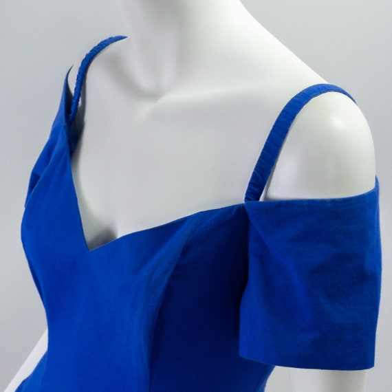 Vintage 1980s Dress, Blue Off-Shoulder Sheath wit… - image 8
