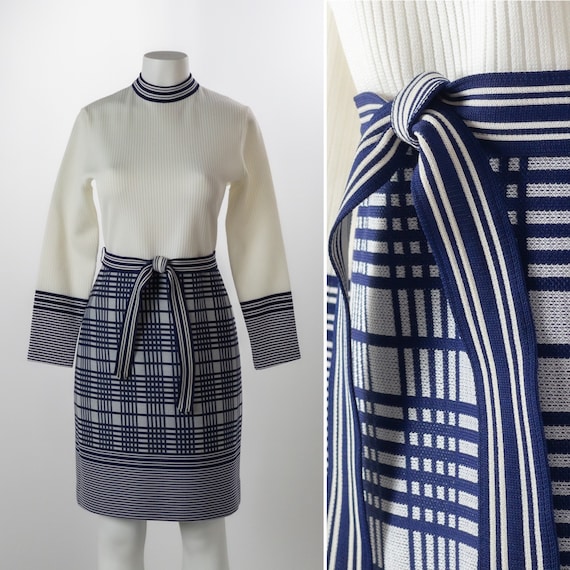 Vintage 1960s Knit Dress, Blue and White Plaid Mo… - image 1