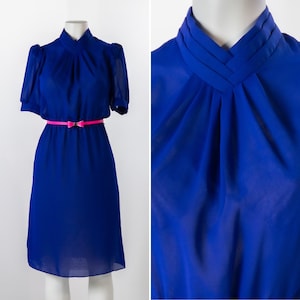 Vintage 1980s Dress, Sheer Royal Blue High Pleated V-Neck Day Dress with Short Puffed Sleeves and Button Up Back, Cobalt A Line Sundress