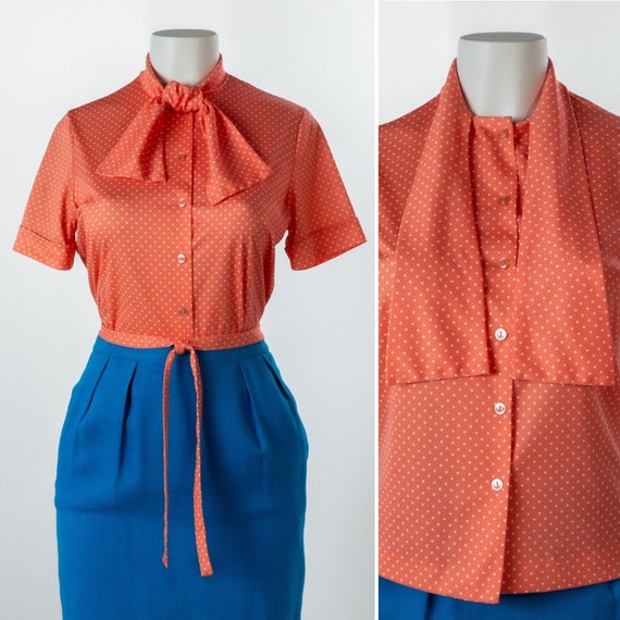 Vintage 1960s Blazer Blouse Set, Coral Polka Dot … - image 5