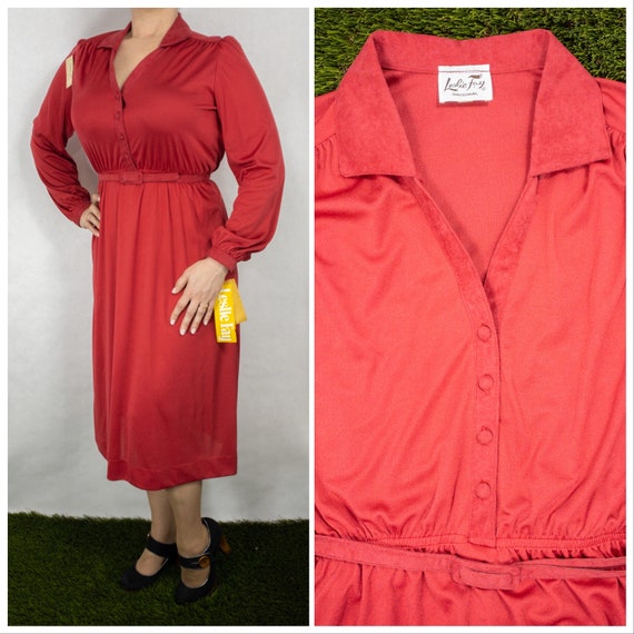 Vintage 1970s Berry Red Belted A-Line Shirt Dress