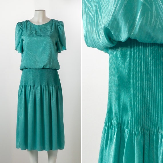 Vintage 1980s Sundress, Turquoise Blouson Day Dre… - image 1