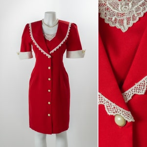 Vintage 1980s Dress, Red Office Dress with White French Cuffs and Pearl Buttons, Cherry Shirtdress with Lace Shawl Collar, Shoulder Pads