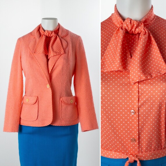 Vintage 1960s Blazer Blouse Set, Coral Polka Dot … - image 1