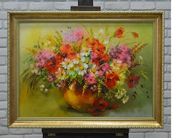 キャンバスに描かれた油絵（40x60インチ）「鳥」の静物画。プロの