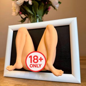 May include: A framed artwork featuring a pair of legs in a seated position, with a red and white "18+ ONLY" sticker. The frame is white, and the background is black. The legs are a flesh tone.