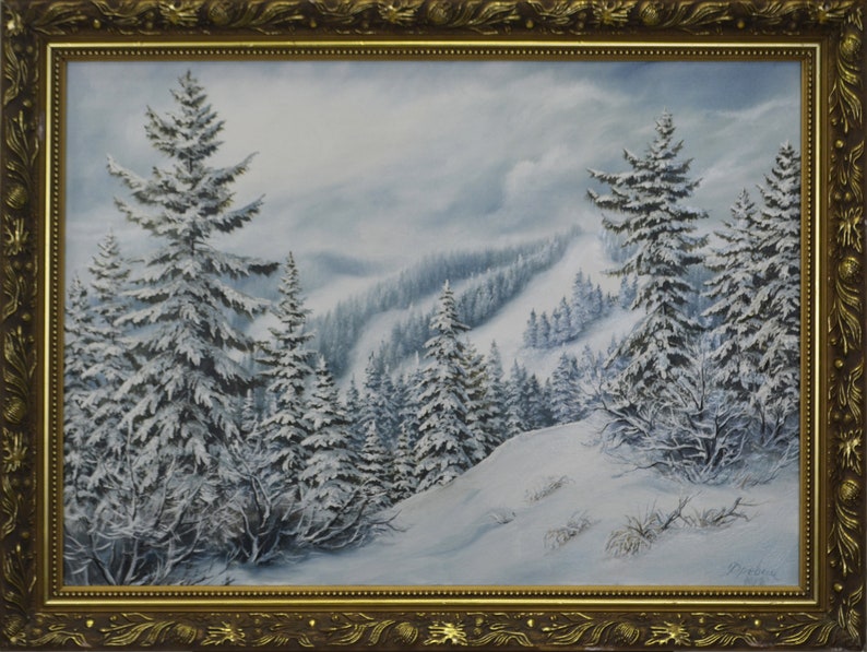 Oil painting on canvas 50x70 Snowy picks nature landscape Original Vintage Handmade Art Single copy From a professional artist