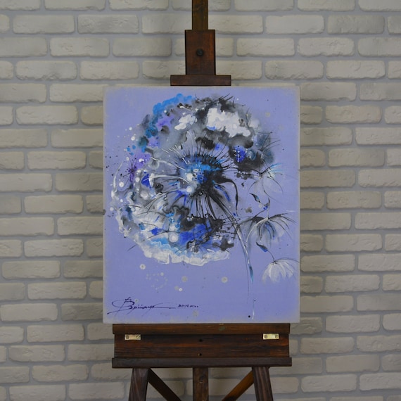 キャンバスに描かれた油絵（60x50インチ）。「タンポポ」抽象画。プロ 