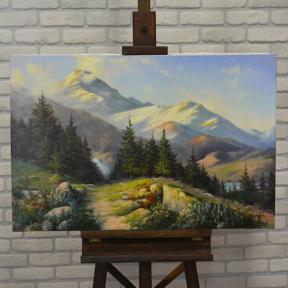 油彩画 美しい 風景画山 キャンバスに描かれた油絵 美しい景色 60x90インチ