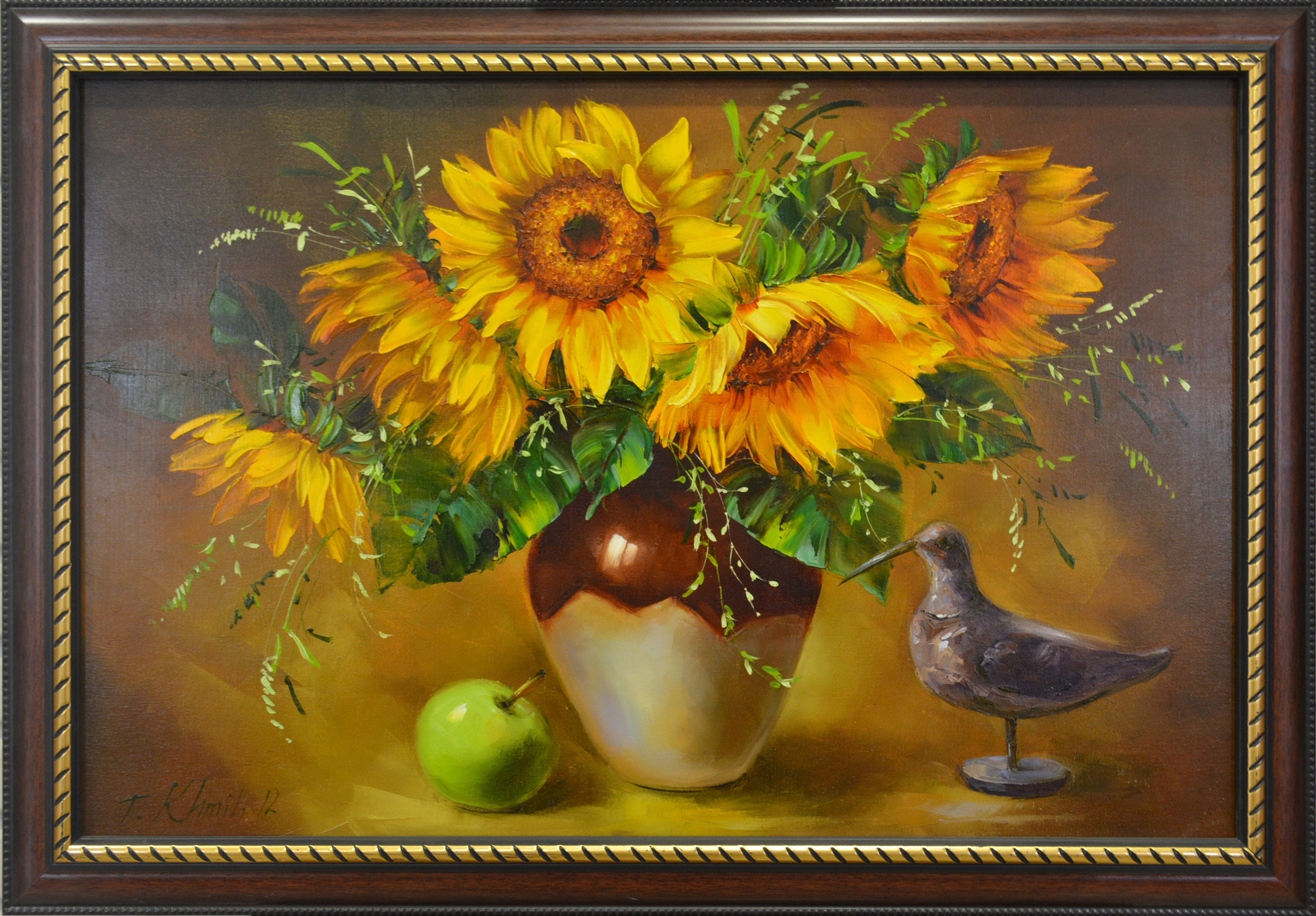 キャンバスに描かれた油絵（40x60インチ）「鳥」の静物画。プロの