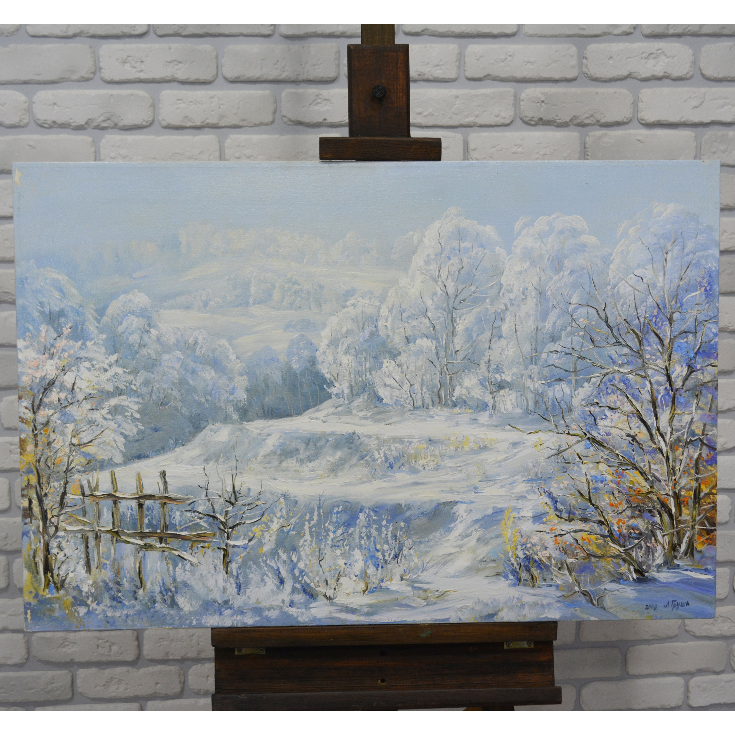 キャンバスに描かれた油絵「白」60x90インチの自然風景画。プロの