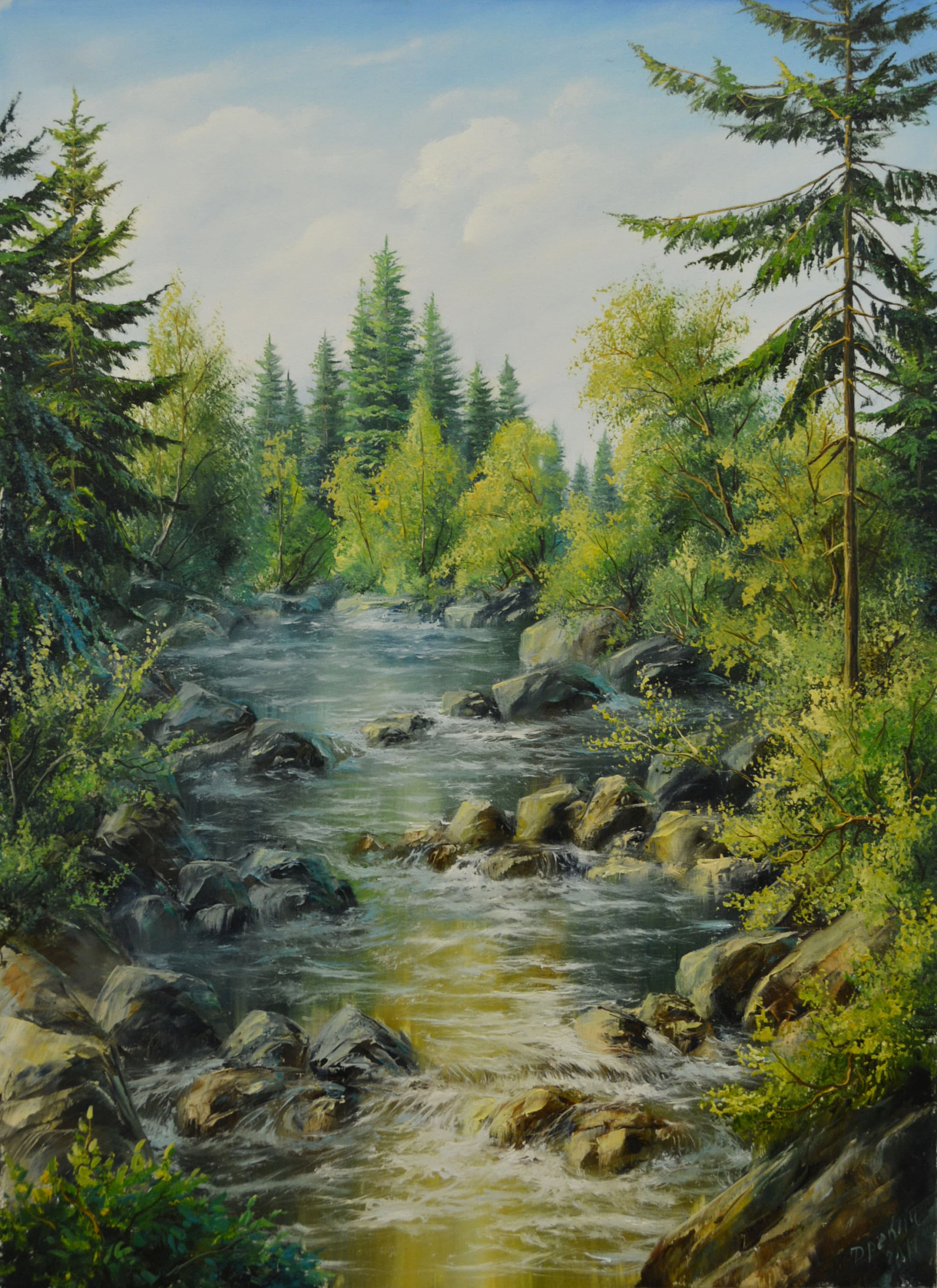 キャンバスに描かれた油絵（70x50インチ）「山と川」都市風景画。プロ
