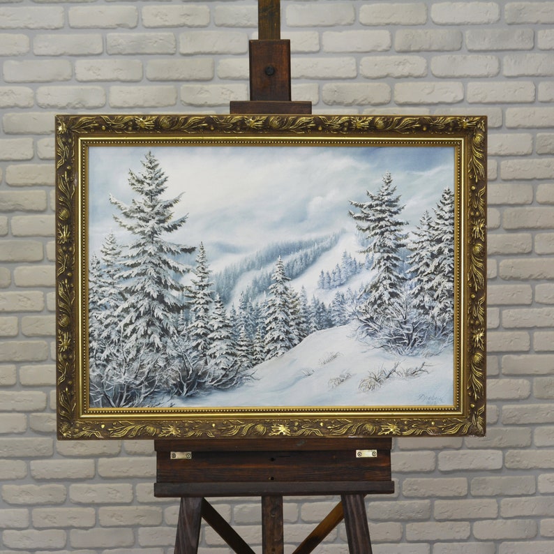 Oil painting on canvas 50x70 Snowy picks nature landscape Original Vintage Handmade Art Single copy From a professional artist