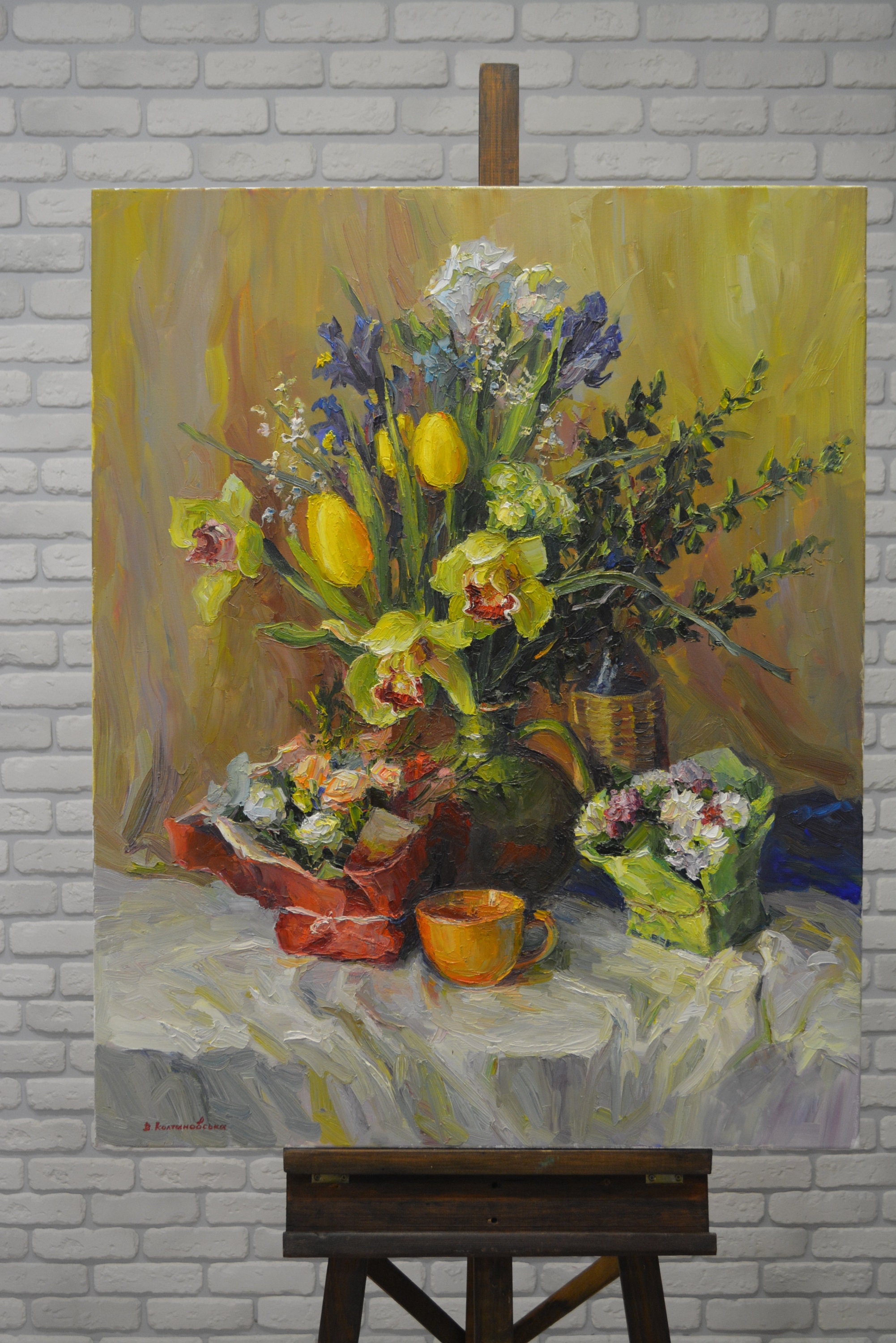 キャンバスに描かれた油絵（80x100cm）「休暇の後」の静物画。プロの