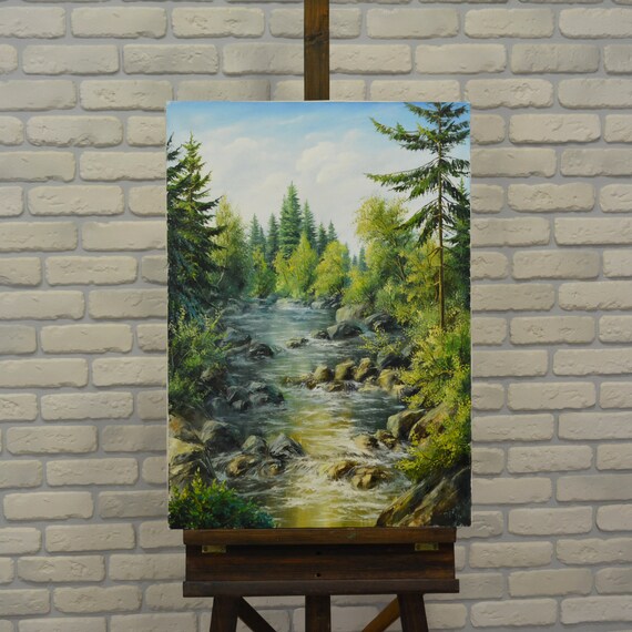 キャンバスに描かれた油絵（70x50インチ）「山と川」都市風景画。プロ