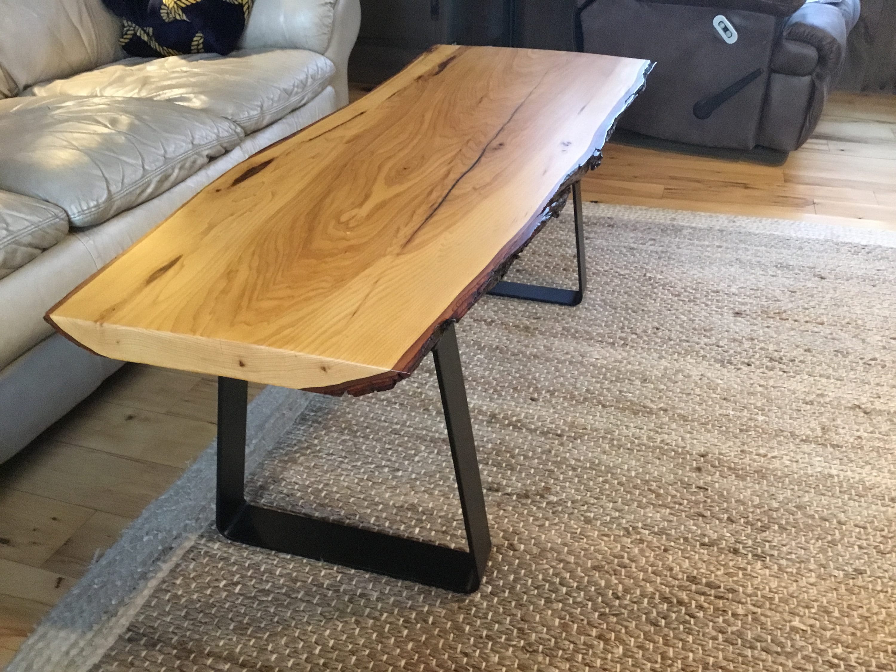 Live edge hickory slab coffee table with black trapezoid legs Etsy