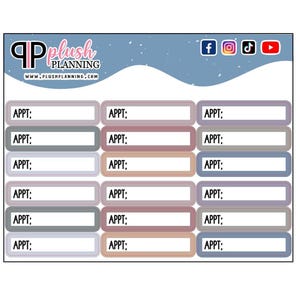 May include: A sheet of printable planner stickers with a winter theme. The stickers are in various shades of blue, grey, and brown. Each sticker has the word "APPT:" printed on it.