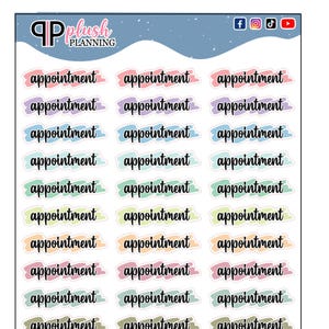 May include: A sheet of planner stickers featuring the word "appointment" in a handwritten font. Each sticker has a colourful watercolour-style background in shades of pink, purple, blue, green, orange, and brown. The brand logo and website are visible.