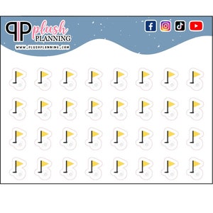 May include: A sheet of 24 golf ball and flag stickers. The stickers are white with a black outline and a yellow flag. The stickers are perfect for planners, journals, and other craft projects.