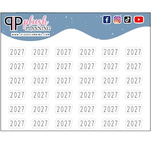 May include: White stickers with the year 2027 printed in black. The stickers are arranged in rows and columns. The top of the image has the text "Plush Planning" and social media icons.