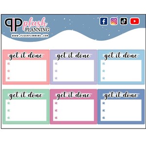Puede incluir: Seis pegatinas de planificador de color pastel "get it done" con espacio en blanco para escribir. Cada pegatina tiene un color diferente: rosa, morado, azul, verde, rosa y azul. Cada pegatina tiene un borde blanco y algunas estrellas blancas.