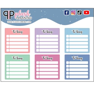 Puede incluir: Seis pegatinas de lista de compras de color pastel con una lista de verificación y espacio para escribir. Las pegatinas son rosa, morado, azul, verde y rosa claro.