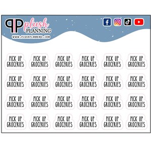 May include: A sheet of 18 white stickers with the text "Pick Up Groceries" printed on each sticker. The stickers are arranged in a grid of six rows and three columns. The stickers are on a blue background with white snowflakes.
